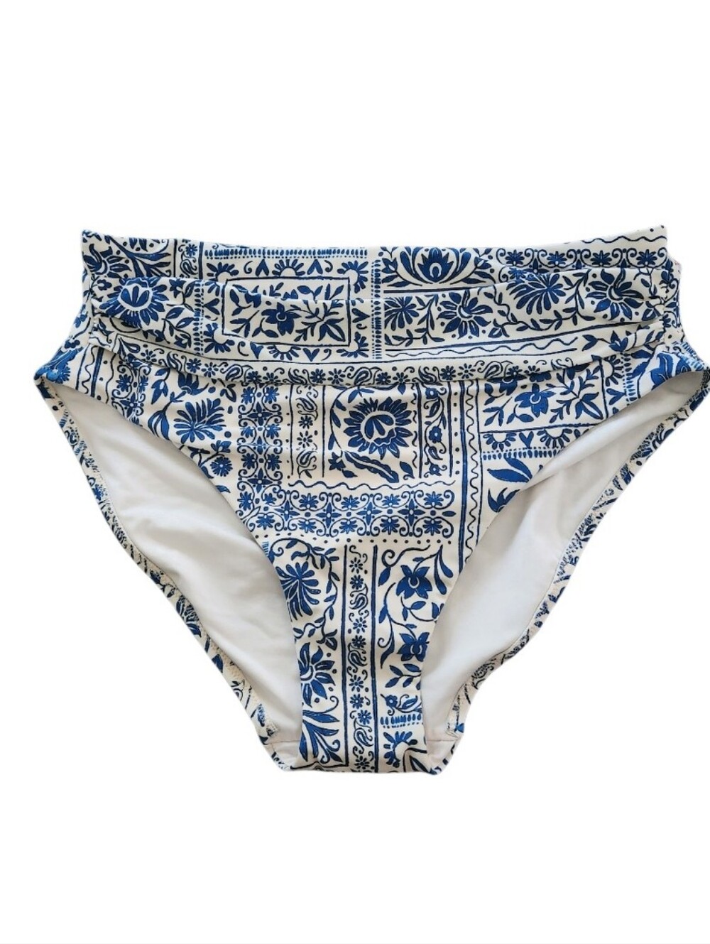 Blue & White Tile Print High Waist High Leg Bikini Bottoms Sz Large Nwt